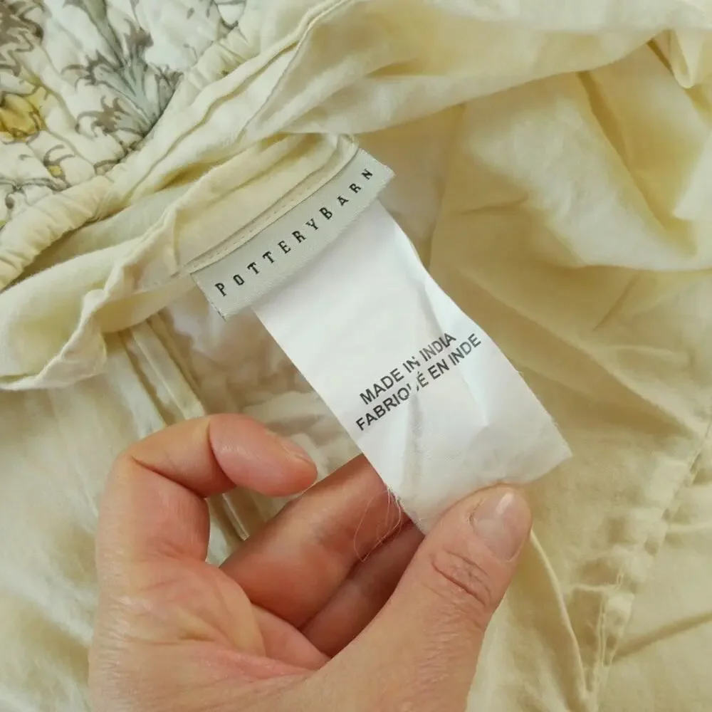 Pottery Barn Quilted Pillow Sham‎ Euro Square Yellow Floral Scroll Boho Neutral